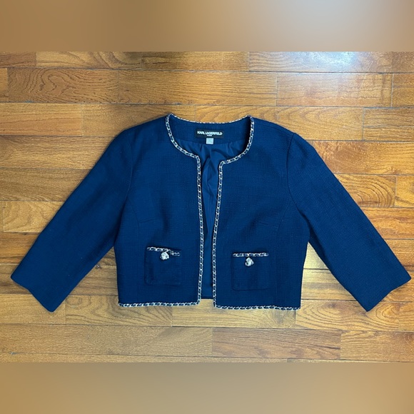 Karl Lagerfeld Jackets & Blazers - Karl Lagerfeld Paris Navy Tweed Chain Trim Jacket Womens L Great Preowned Condit